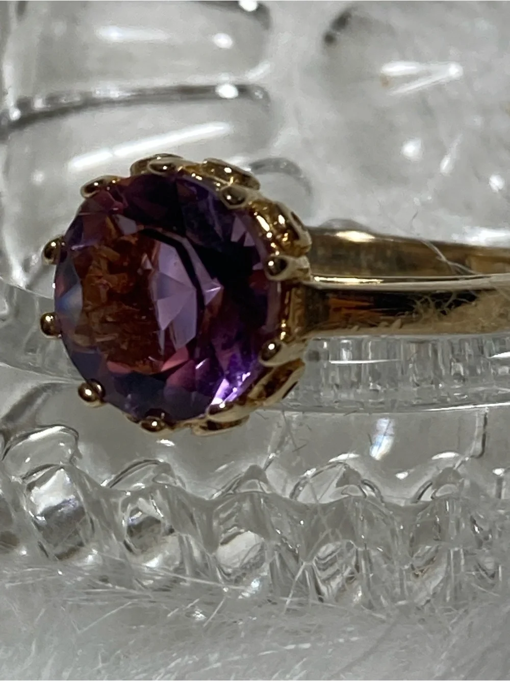 Vintage SS Gold Colored Ring with Purple Round Gemstone